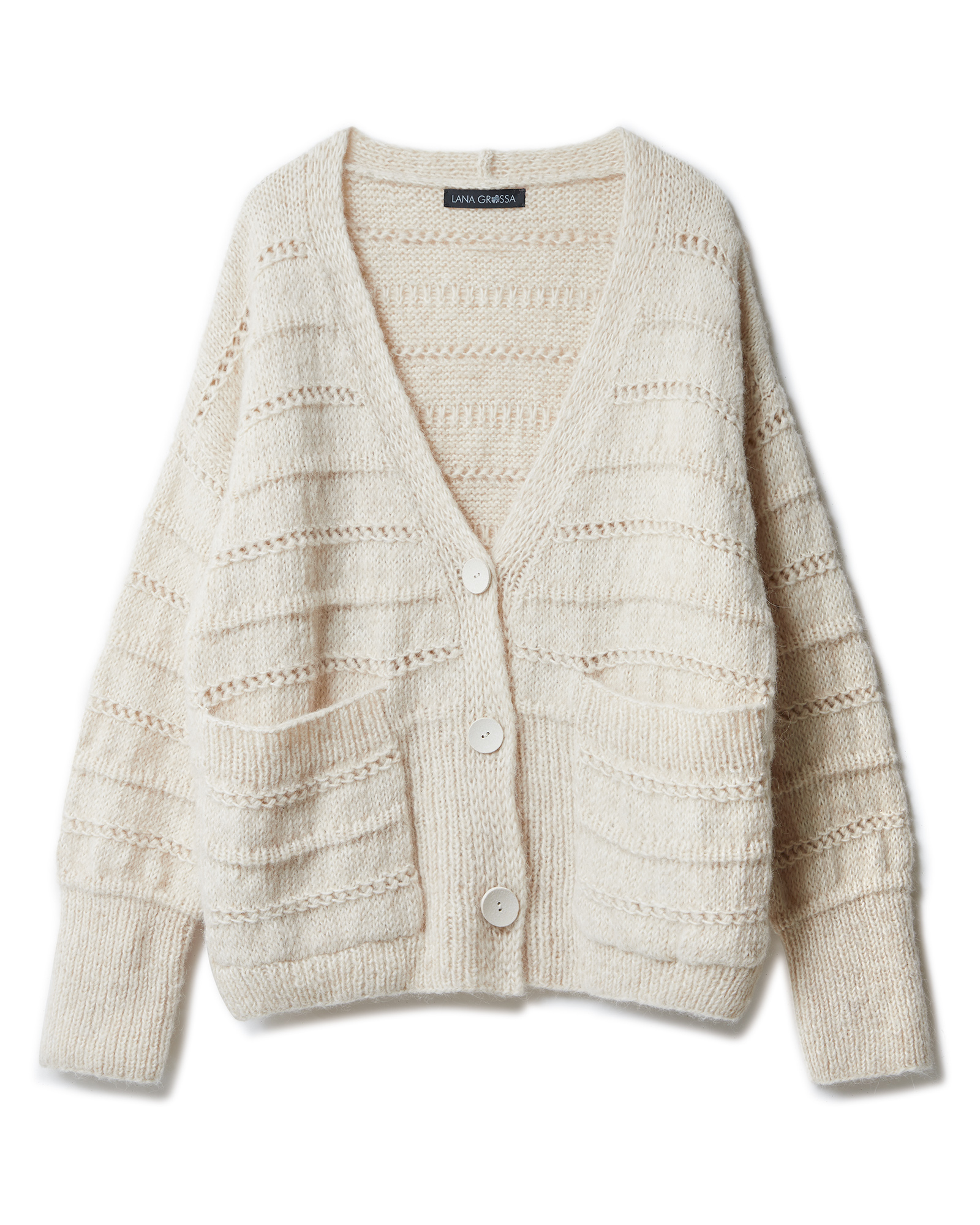 Strickset Cardigan Mit Lochmusterstreifen Aus Natural Alpaca Pelo Von Lana Grossa 2 Strickset Cardigan Mit Lochmusterstreifen Aus Natural Alpaca Pelo Von Lana Grossa – Bild 2